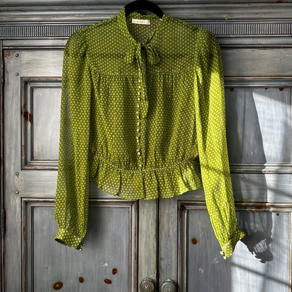 Doen Sheer Green Polka Dot Blouse Size S - Picture 2 of 9